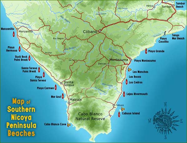 Map of Southern Nicoya Peninsula Costa Rica Beaches